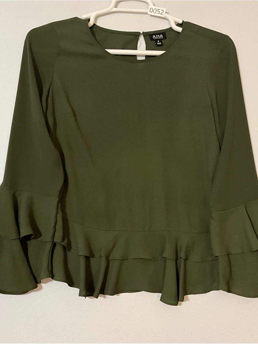 A.N.A Women’s Olive Green Layered Bell Sleeve Ruffle Hem Blouse Size M
